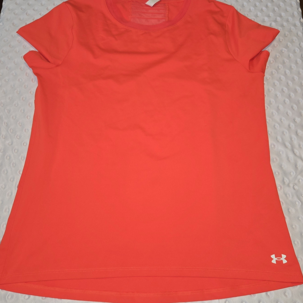 Under Armour Shirt Womens Medium Orange HeatGear Short Sleeve Athletic Gym Top